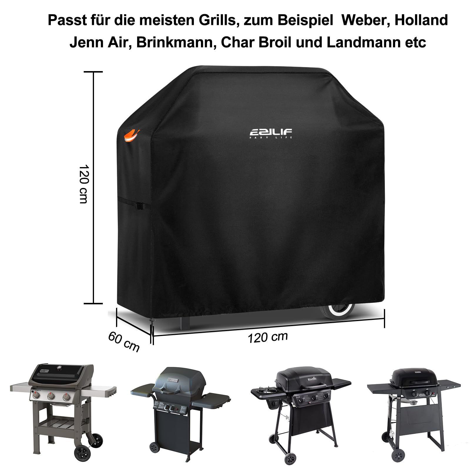 Copertura barbecue, resistente alle intemperie, 120 x 60 x 120 cm, in tessuto Oxford 210D, copertura per barbecue a gas, con strisce riflettenti, copertura protettiva per Brinkmann, Char