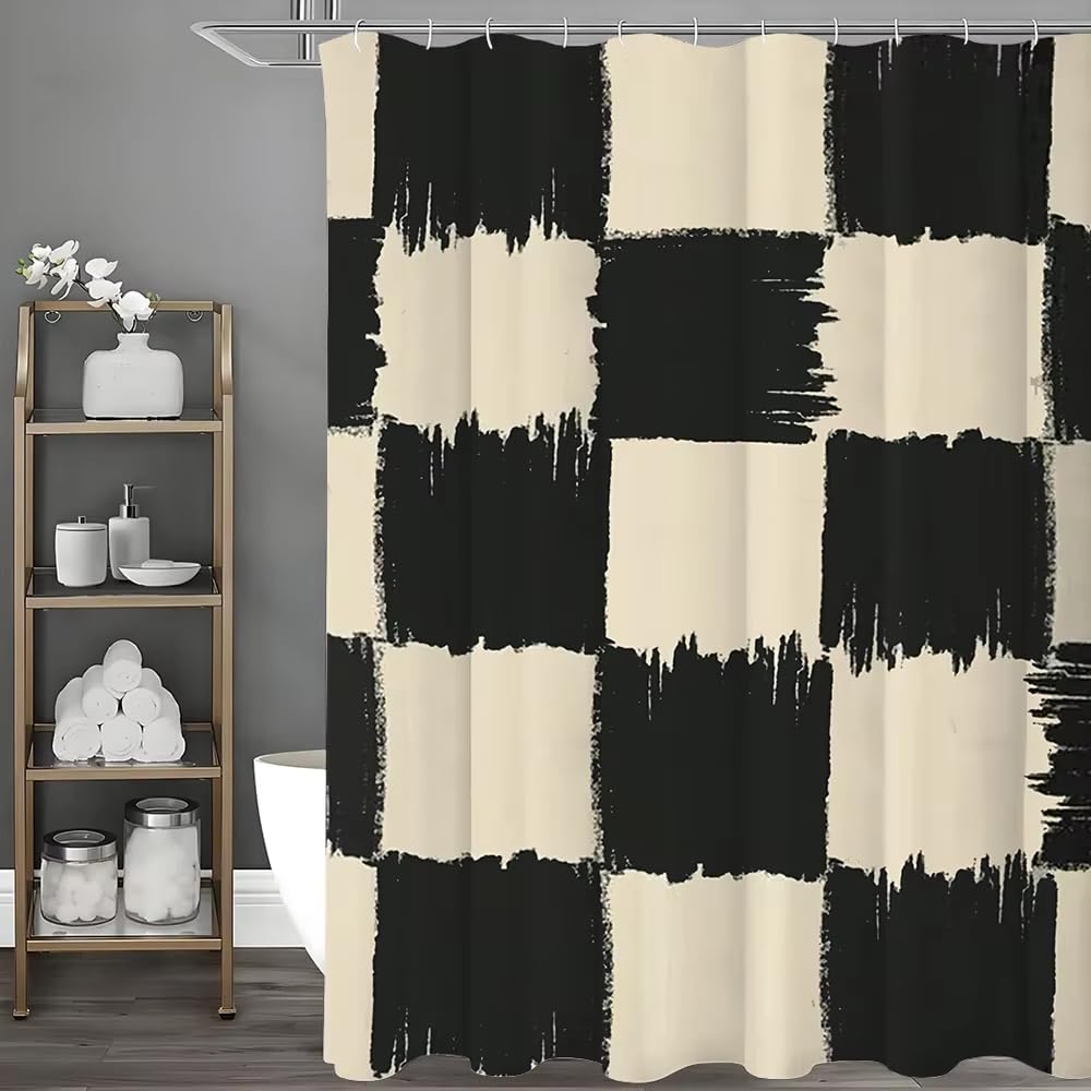 KELAIMI Black Cream Checkered Shower Curtain,Abstract Odern Simple Bathroom Curtain with Hooks,Washable Quick-Drying Fabric Bathtub Curtains Black 180X200Cm