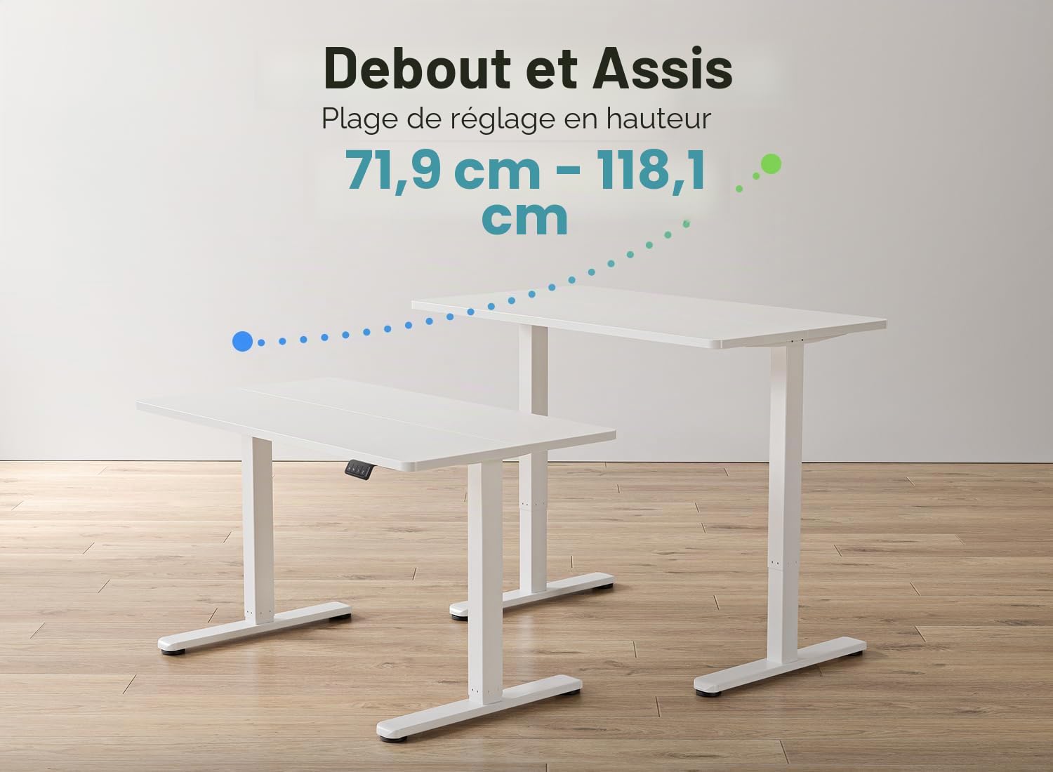 FEZIBO Bureau Debout Électrique Réglable en Hauteur, Table de 152 x 60 cm, Bureau de Travail Assis-Debout avec Panneau d'Assemblage, Cadre Blanc/Plateau Blanc