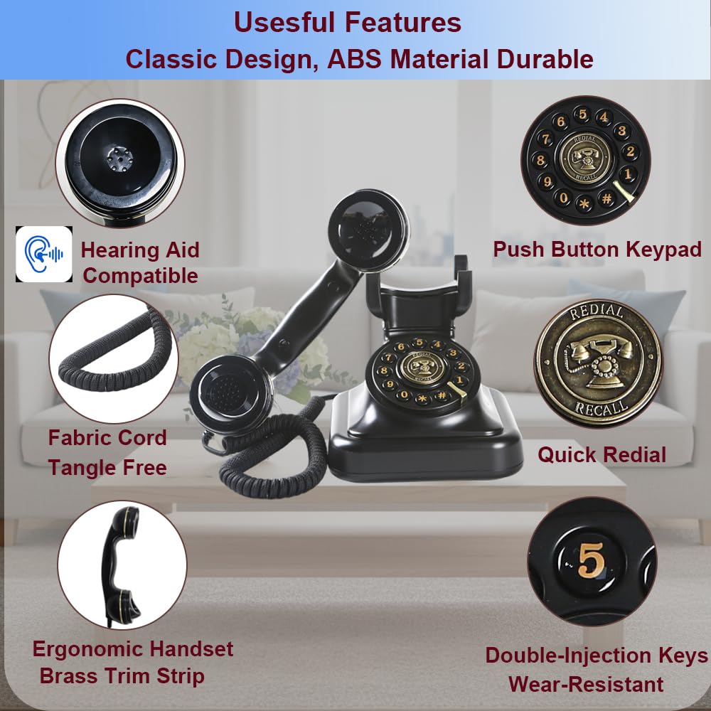 Téléphone filaire classique des années 1930, téléphone fixe rétro, téléphone antique, téléphone vintage à l'ancienne, compatible avec les appareils auditifs, fonction de rappel, sonnerie désactivée