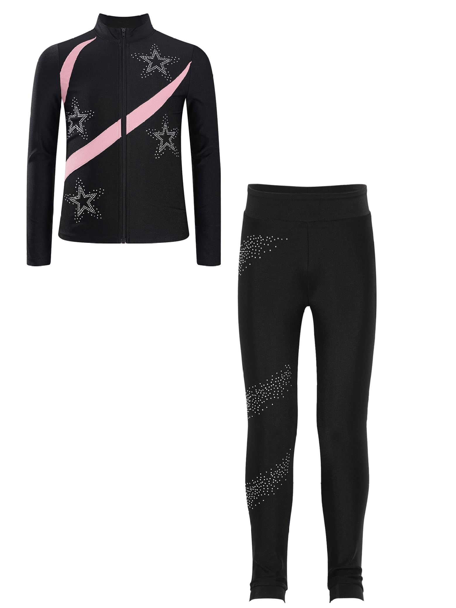Jydiazi Mädchen Eiskunstlauf Anzug Glitzer Strass Jacke Und Leggings Mit Colorblock Kinder Eislaufen Tanzanzug Sport Kleidung Set Sweatsuit Rosa 122-128