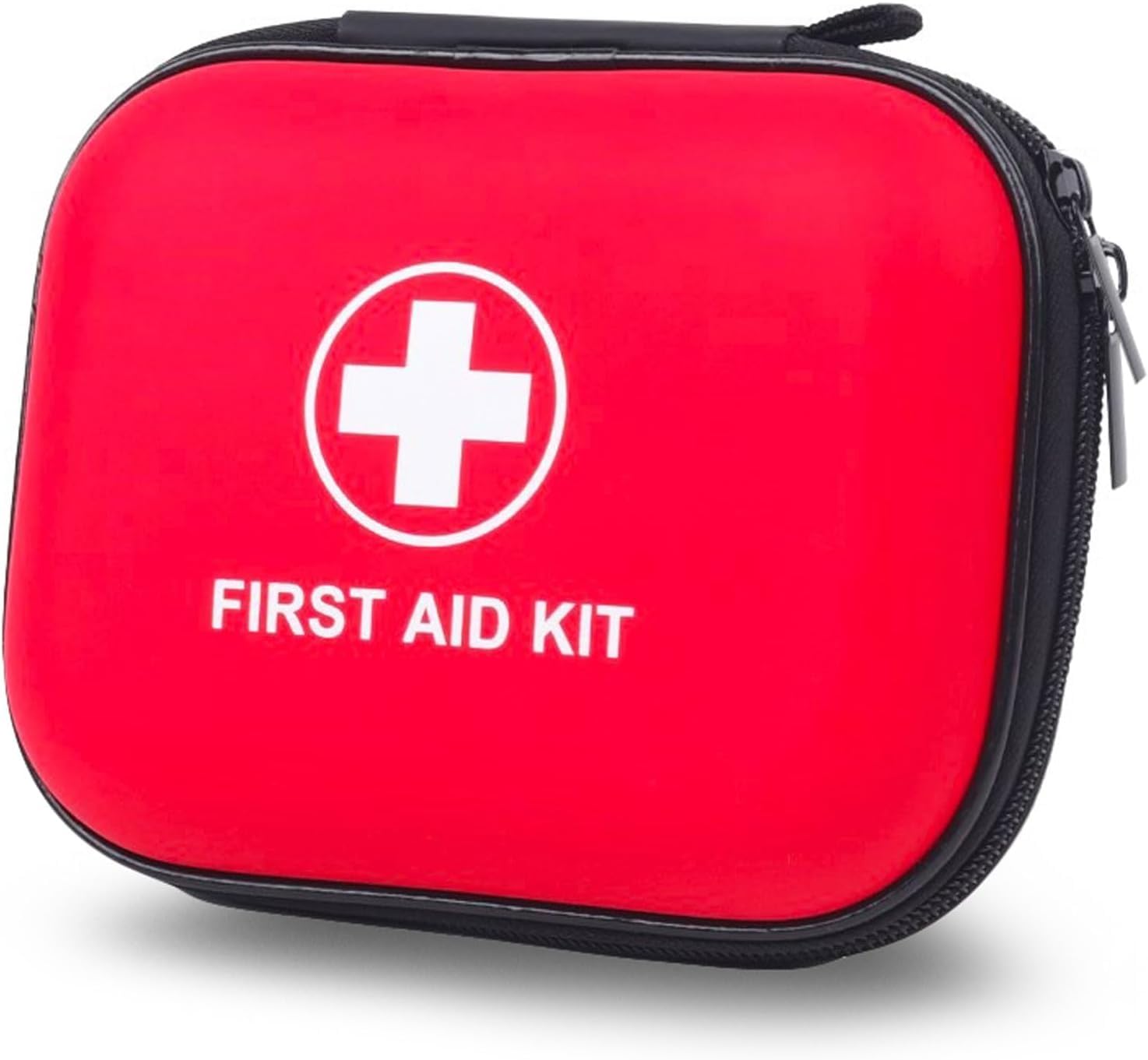 toriox mini portable hard eva shell first aid kit case in bright red, four mesh compartments, water resistant zipper, carabiner included