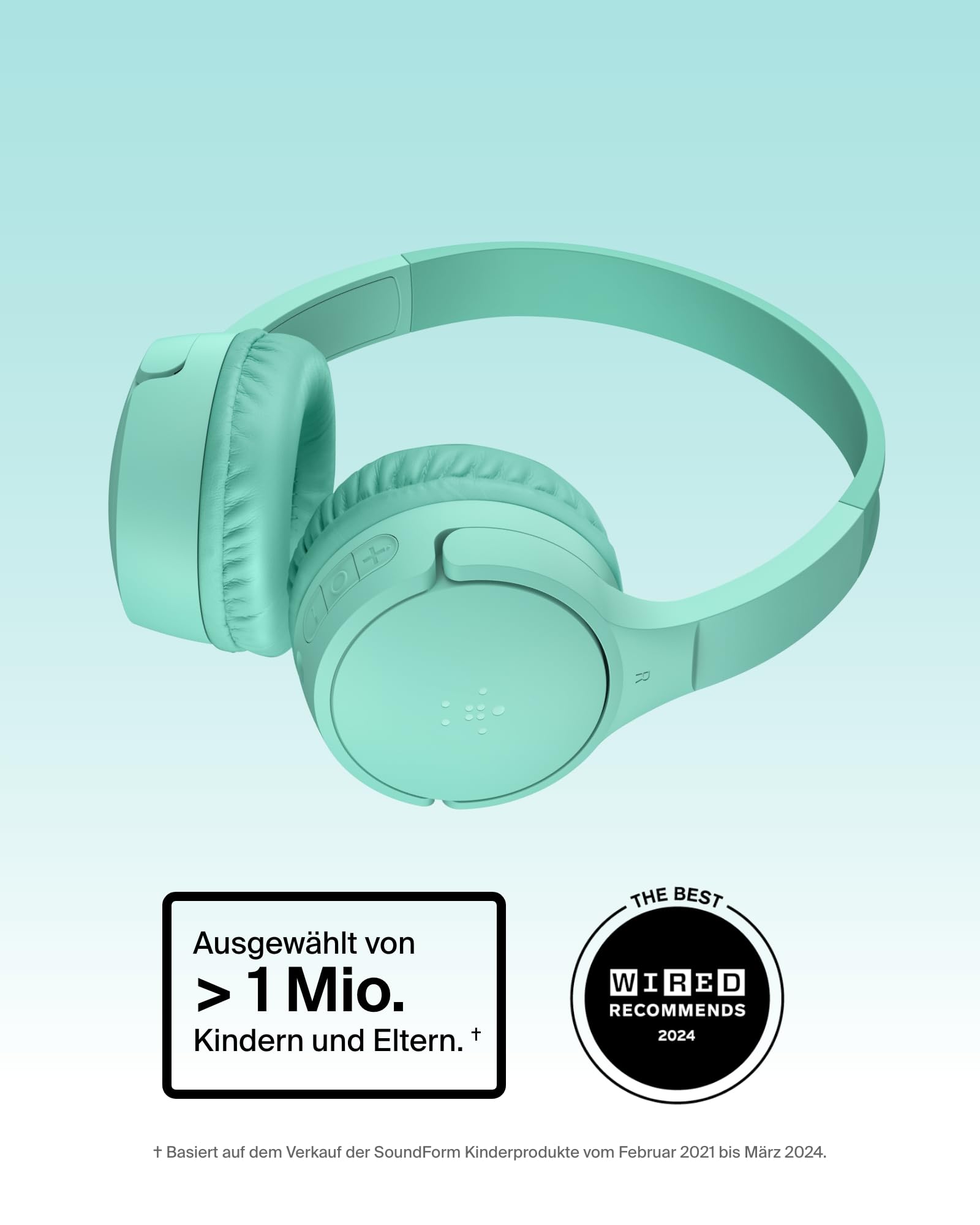 Belkin SoundForm Mini kabelloser Kinderkopfhörer mit integriertem Mikrofon und lustigen Aufklebern, 30 Std. Wiedergabe – Over-Ear-Kopfhörer für Unterricht, Ferien, iPhone, iPad, Galaxy – Mint