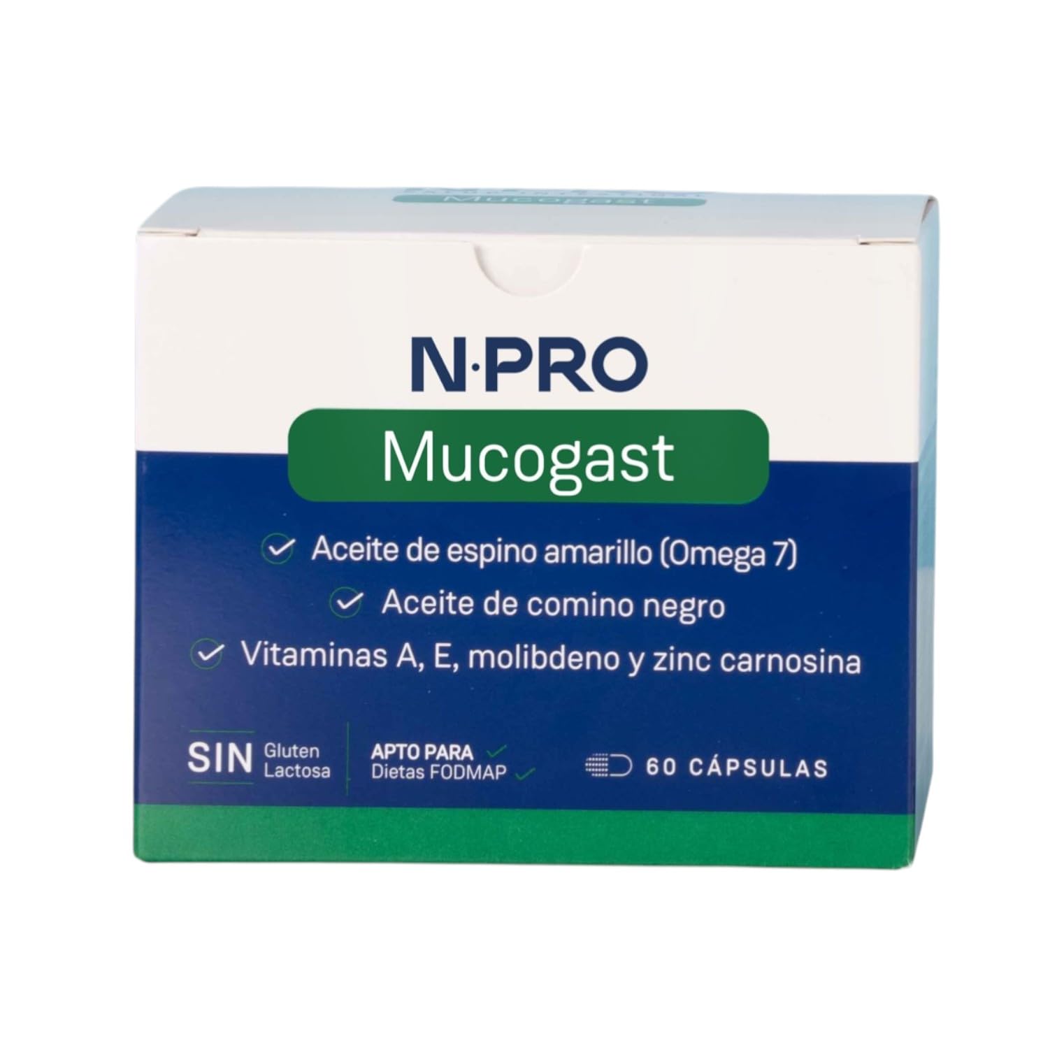 NPro SALUD INTESTINAL Mucogast 60 Perlas – Suplemento con Aceite de Espino Amarillo Omega 7, Comino Negro, Zinc y Carnosina – Protección y Cuidado de la Mucosa Gástrica