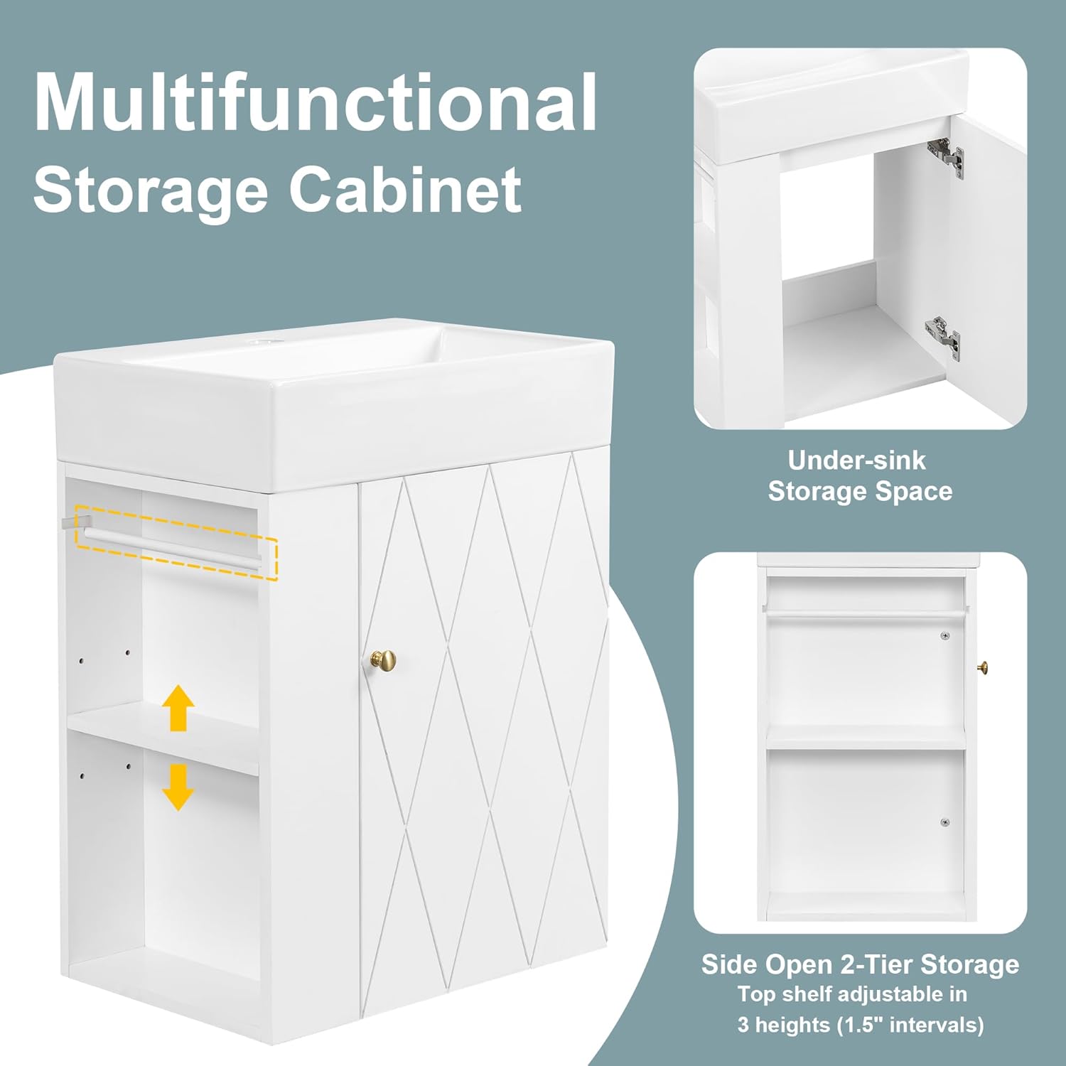 20" Floationg Wall-Mounted Bathroom Vanity with Ceramic Sink, Adjustable Shelf, Toilet Paper Holder, Modern Style, Door with Diamond Design, White