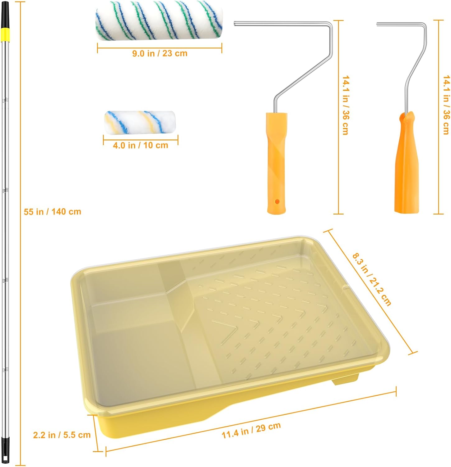 Paint Roller Kit with Extension Pole, Paint Brushes Set for Walls, Painting Supplies for Home Interior with Paint Brush, Paint Rollers, Paint Tray, Paint Tray Liner, Scraper etc.