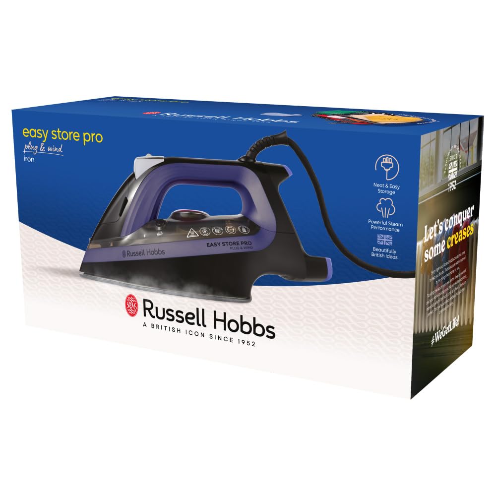 Russell Hobbs Plancha de Ropa Easy Store PRO, Cable Enrollable y Clavija se Encaja en Base para Guardar, 2400 W, Suela Cerámica, Golpe Vapor 200 g, Ajuste Automático Temperatura según Tejido,26731-56