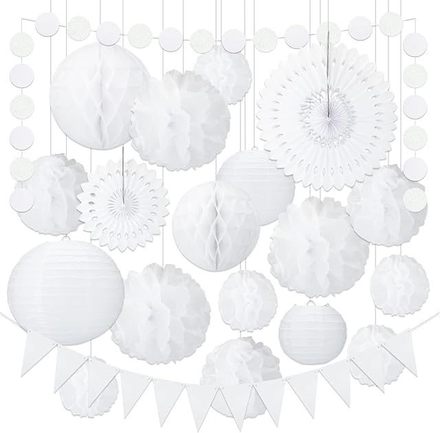 20PCS White Wedding Decoration - Hanging Pom Poms Flowers - Hanging Paper Fans with Triangle Bunting Flags for Wedding Baby Shower Party Decoration