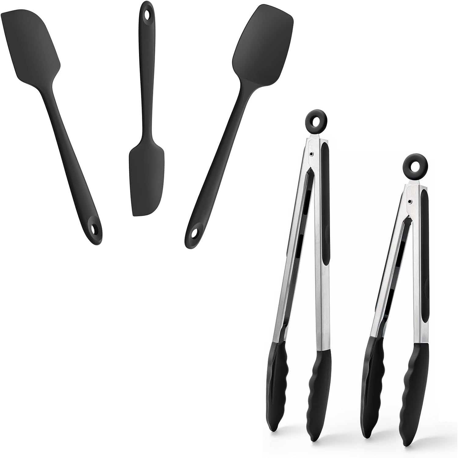 Doosu 9+12in Kitchen Tongs for Cooking - 600°F Heat Resistant Food Tongs with Non-Scratch Silicone Tips & 3-Piece Silicone Spatula Set Kitchen Food Grade BPA Free Baking Supplies Cooking Tools (Black)