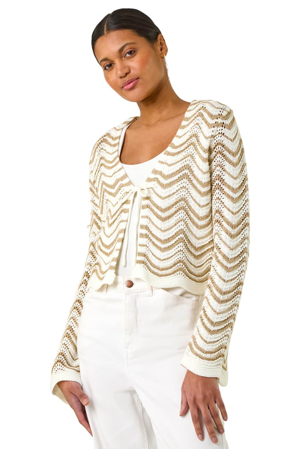 Roman Originals Women's Ivory Textured Shimmer Wave Shrug For Uk - Everyday Holiday Spring Summer V-Neckline Comfy Soft Evening Vacation Work Party - Size 14