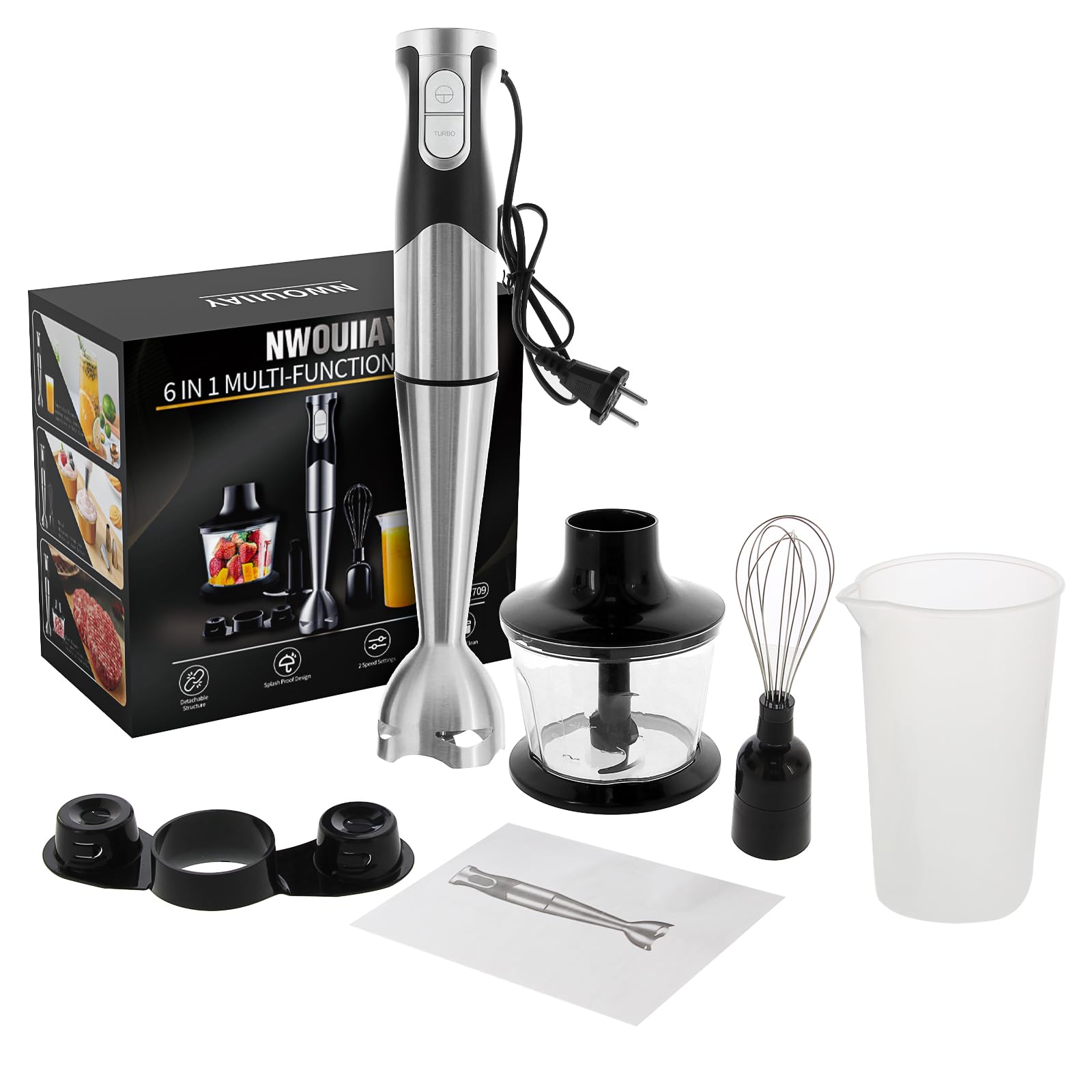 Frullatore a Immersione 1200W 6 in 1 Frullatore Tritatutto Multifunzionale con Acciao Inossidabile 304 Multifunzione Mixer Immersione con Turbo Presa Antiscivolo Velocità Regolabile