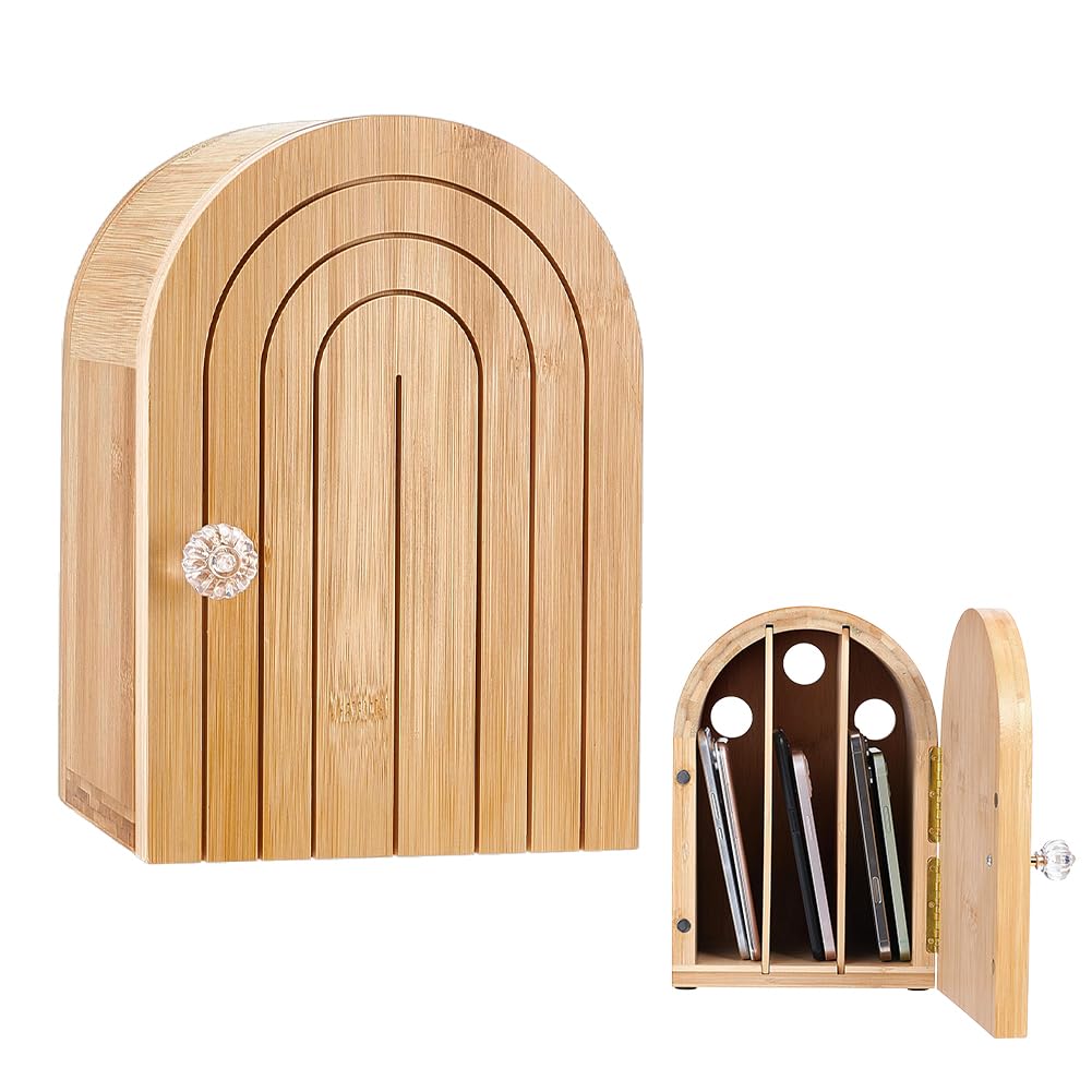 UNICRAFTALE Scatola per cellulare in bambù, 3 pezzi, per 6 telefoni cellulari, stabile supporto in legno robusto con prese di ricarica, ideale per cene di famiglia o ufficio, 7,13 x 6,38 x 10,28