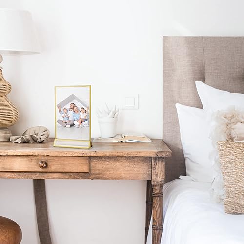 Miniatura 7 de Smarpau Paquete de 8 soportes acrílicos de 5 x 7 pulgadas, soportes de números de mesa dorados, marcos verticales de doble cara, soportes de fotos