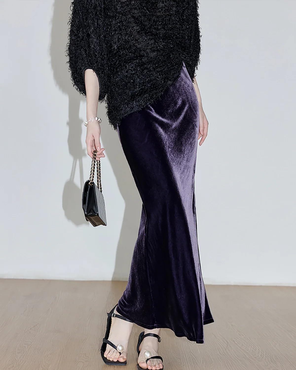 DAISYSILK Women’s Silk Velvet Maxi Skirt High Waist Side Slit Long Skirt Elegant Formal Evening Wear