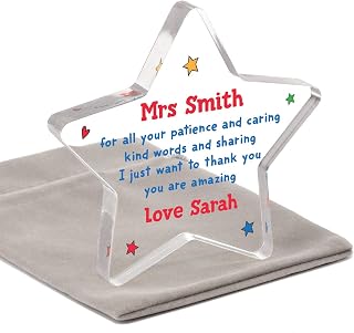 Amazing Teacher Gift Personalised, End Of Term Thank You Gifts For Teacher Teaching Assistant TA Key Worker Nursery, Female Teacher Gift, Star Teacher, Acrylic Star Block With Grey Bag