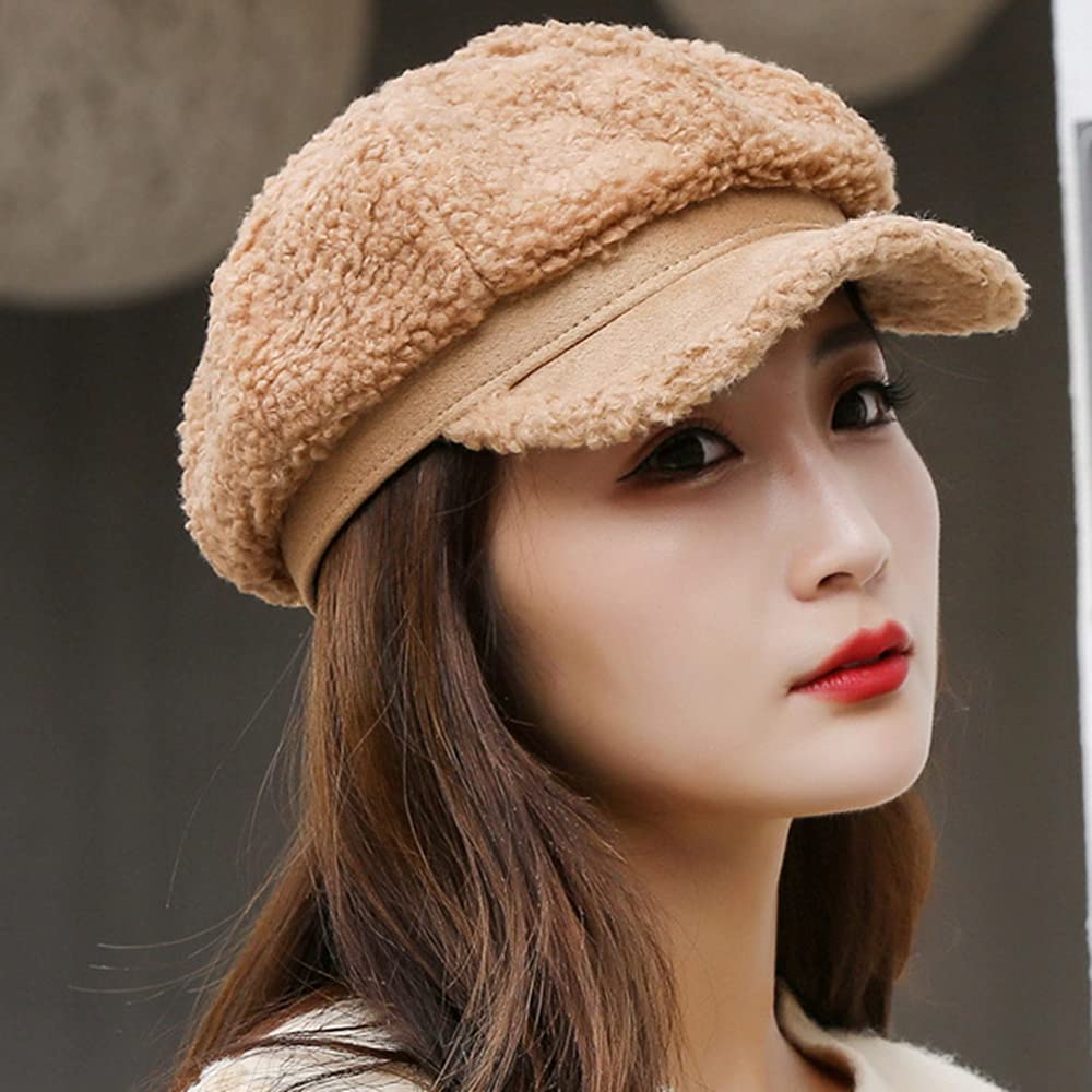 Faux Fur Newsboy Beret Cap for Women - Winter Hat with Visor