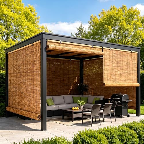 Natural Persianas Enrollables Exterior Estor Enrollable De Bambú, Persianas De Bambú Impermeables Personalizable, Protector Solar Persianas Romanas para Pérgolas Y Balcones(W165*H100cm)