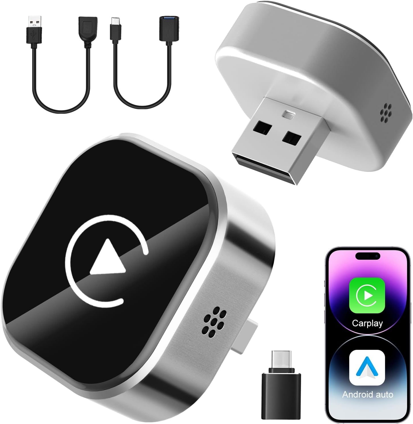 2 in 1 Wireless CarPlay & Android Auto Adapter: Mini Car Play Dongle - Plug & Play - Convert Factory Wired to Wireless - Fast Stable Connection, No Delay for iOS 10+ & Android 11+, 2017+ Cars