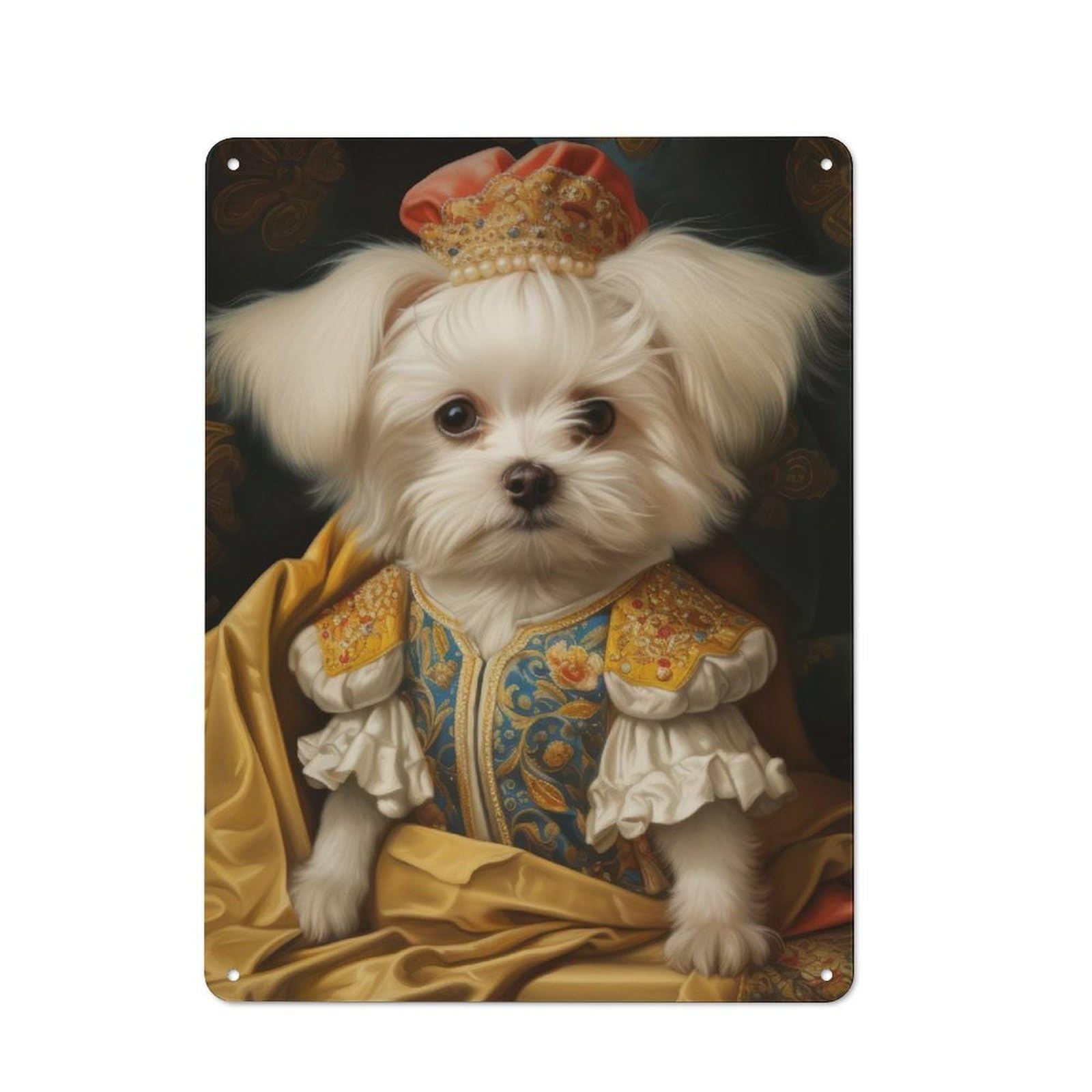 Junmoney Dog In Royal Attire Ornate Maltese With Crow N Majestic Royal Pet Portrait Retro Metal Plaque 40X30cm For Dining Room Or Kitchen, For Kitchen, Dining Room And Home Bar Wall Decor
