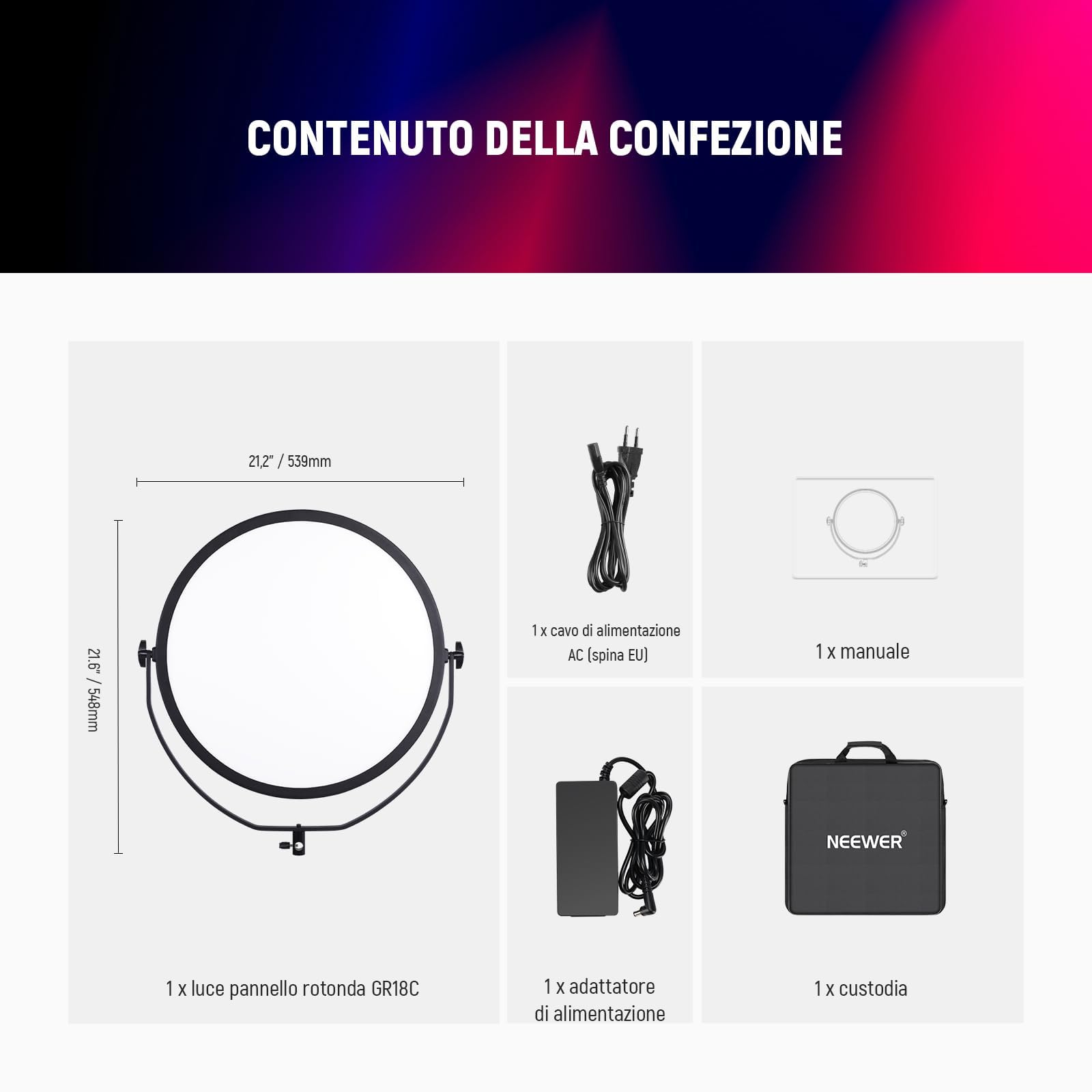 NEEWER 18" Pannello Luce Video LED RGB Rotondo con Controllo APP, 65W 6000Lux/0.5m 2500K-8500K RGBCW Illuminazione da Studio Fotografico /18 Scene/Alimentata a Batteria V per Riprese Streaming, GR18C