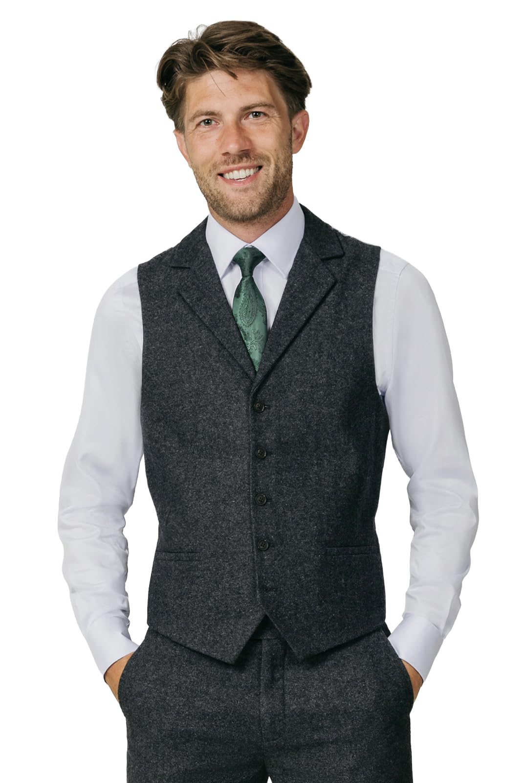 Dobell Mens Grey Donegal Tweed Waistcoat Regular Fit Notch Lapel-XL (46-48in)