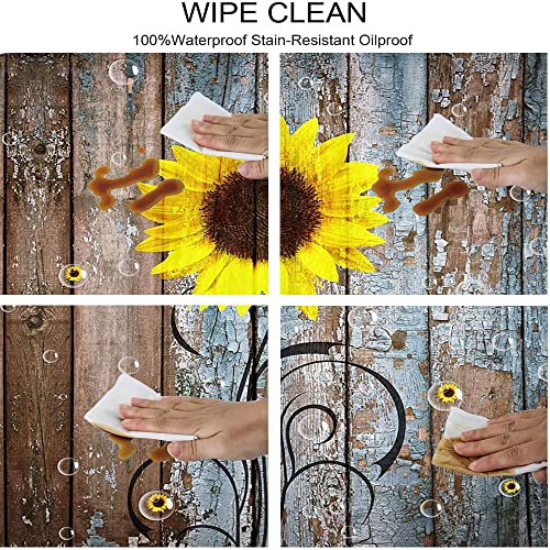 Farmhouse Rustic Oval Elastic Fitted Tablecloth, Sunflower Flowers On The Wood Of A Rural Barn, For Kitchen Dinning Tabletop Decoration Outdoor Picnic, Fits 42" X 60" Table, Yellow Brown Black Teal #TOP2
