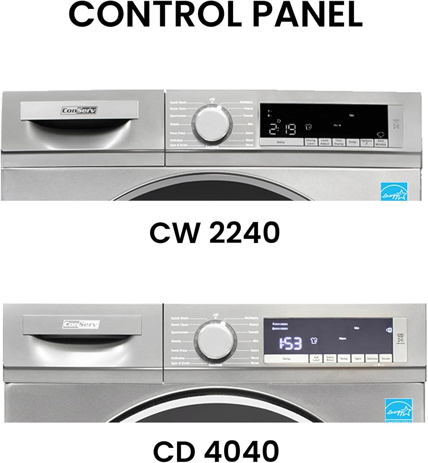 Conserv 2.2 cf 120 V Washer & 4 Cf 220V Condensing Dryer Made in Europe (Titanium + Stacking kit)