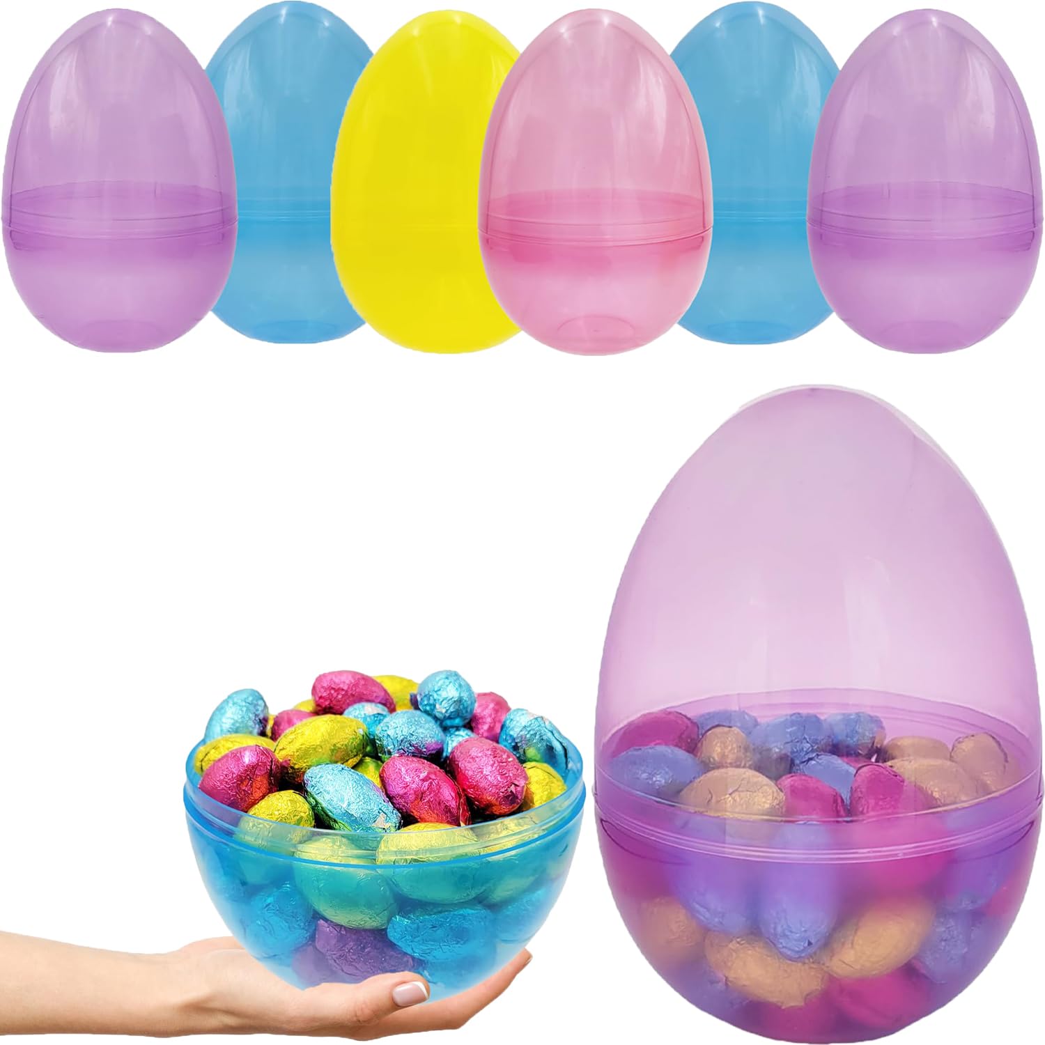 Fillable Easter Eggs Jumbo 6 InchTranslucent (6-Pack) Colorful Plastic Jumbo Easter Eggs, Stands Upright, Perfect For Easter Egg Hunt, Surprise