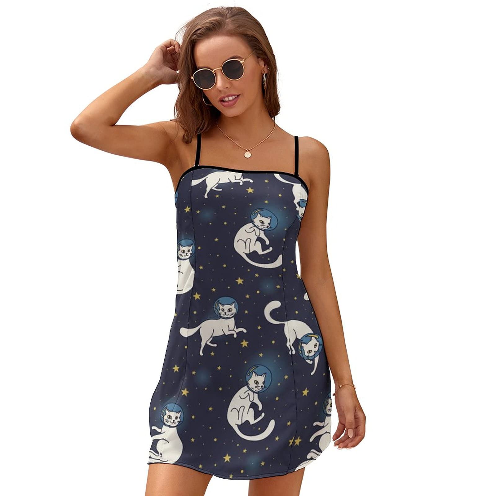 Amazon Co Jp ドレスワンピース スリングドレス 猫柄 宇宙飛行士フローティング スペース ミニワンピース ミニ スカート ワンピース イブニングドレス 体型カバー 婦人服 キャミソール レディース ノースリーブ Aライン ファッション 无袖 着痩せ ゆったり 通勤 肌触り