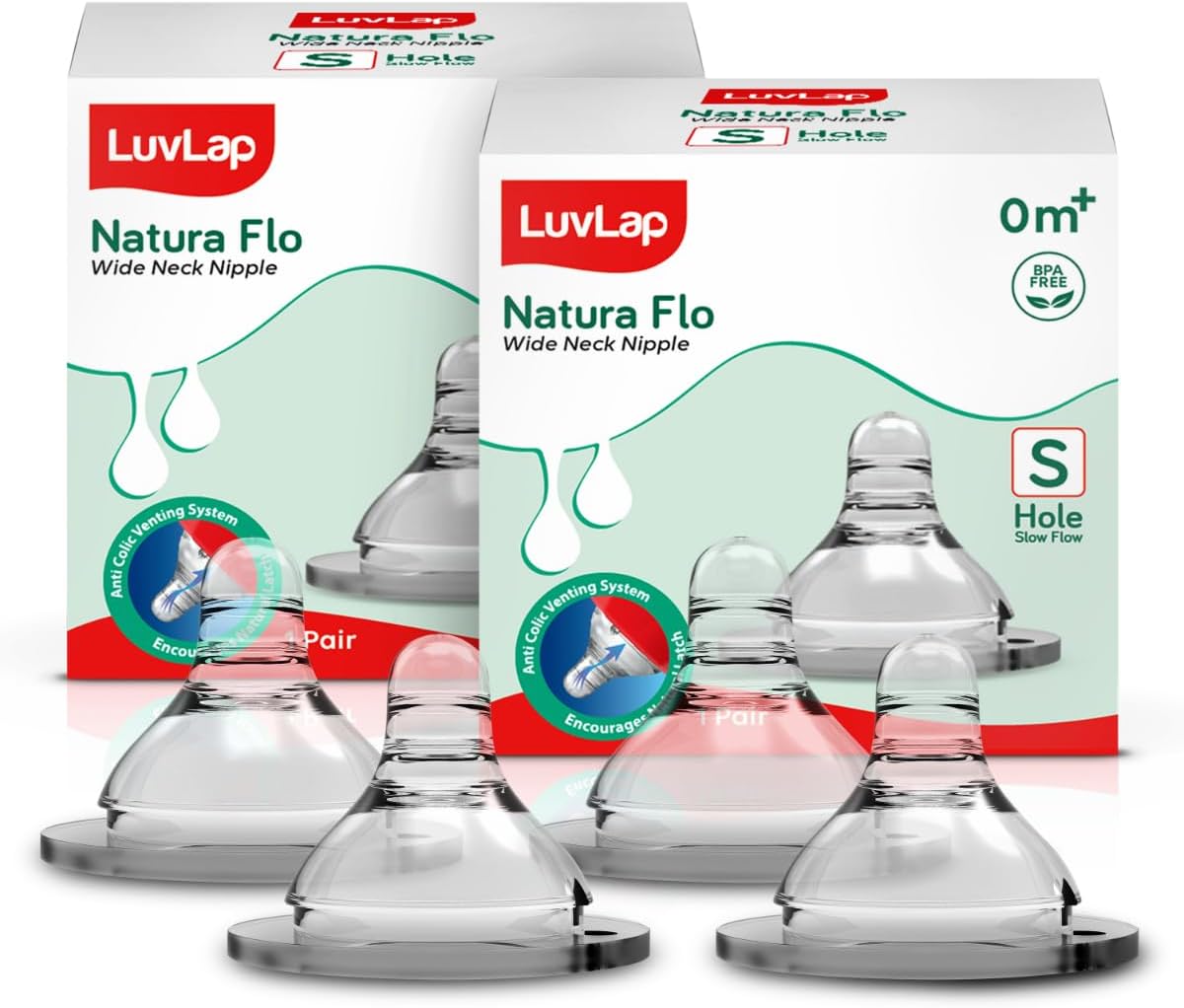 Anti-Colic Natura Flo Teat/Nipple for Wide Neck Bottle,4pcs Slow Flow, 0m+, Made of Soft & Flexible Silicone, Ergonomic shape, Mimics breastfeeding, leak proof, BPA Free, comes with sturdy base