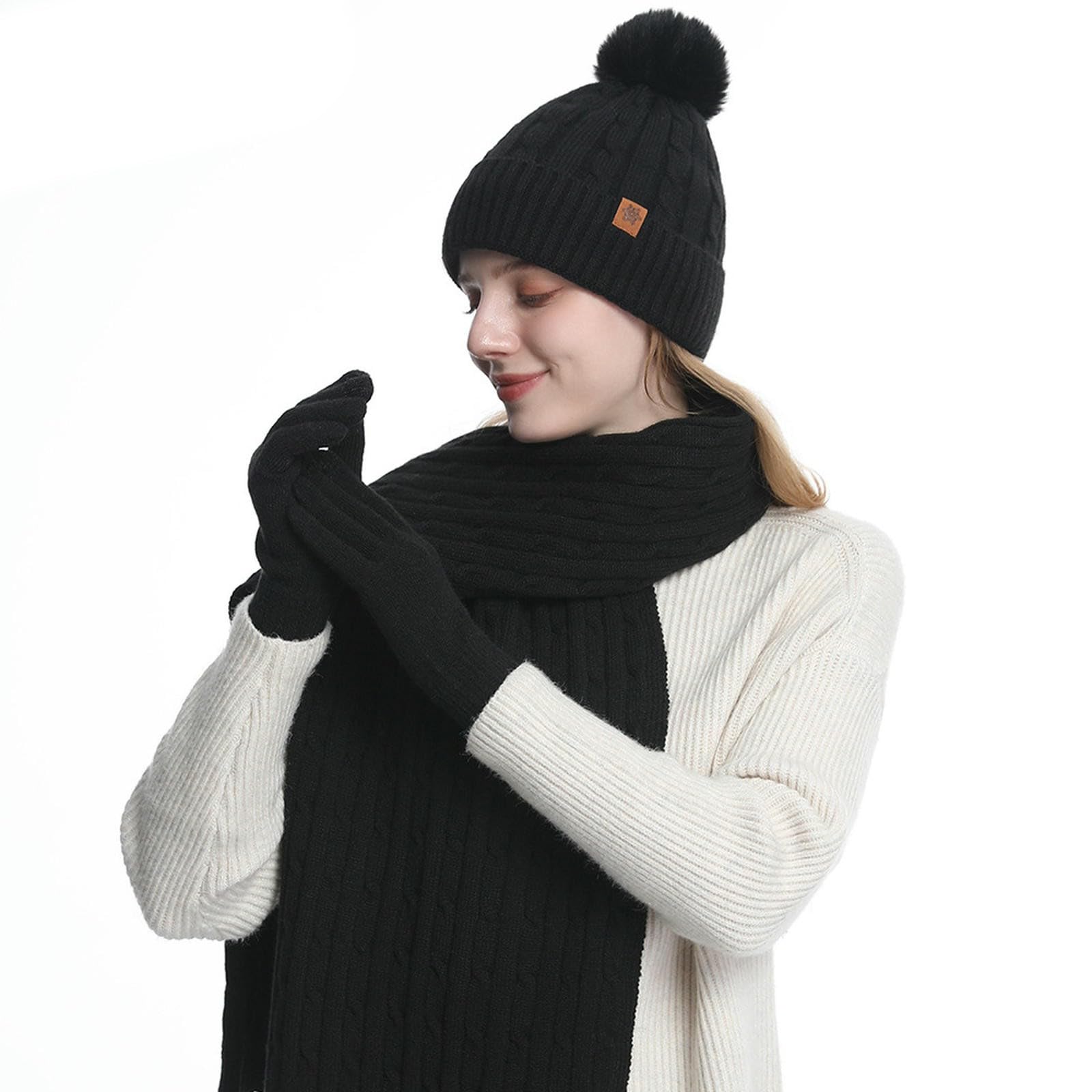 Set Cappello Sciarpa Guanti Invernali di per Lavorato A Maglia in Lana con Paraorecchie Caldo Invernale da Donna-Completo Tre Pezzi Nero