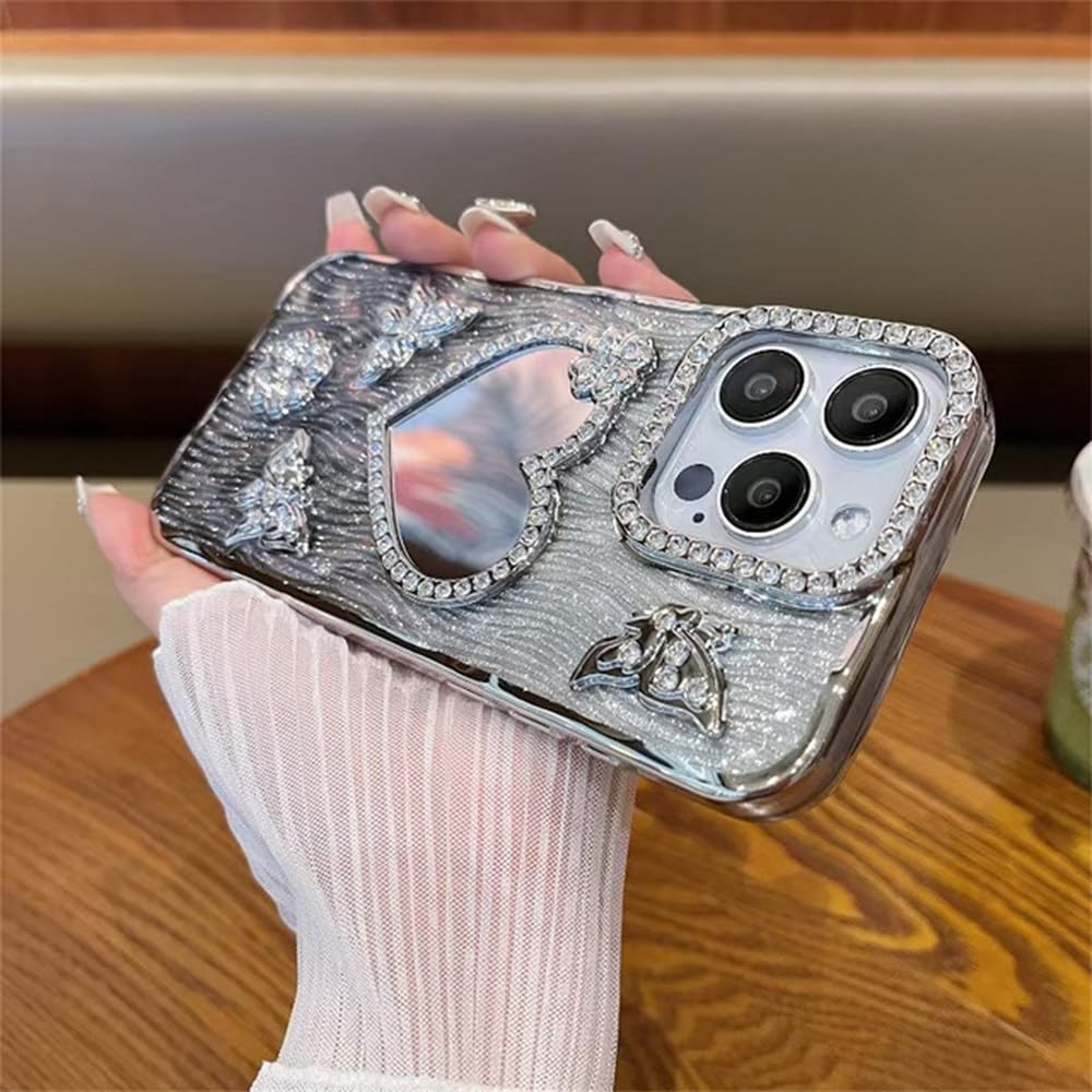 Coque iPhone 12 Pro avec papillon en strass et dos miroir argent