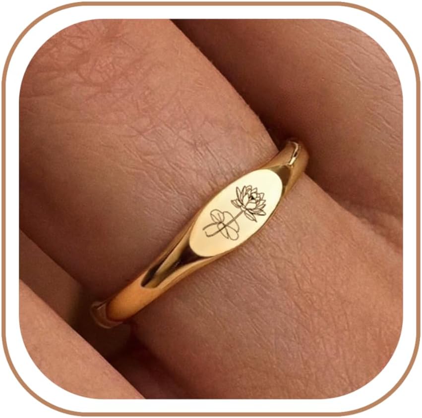Birthflower Signet Gold Rings for Women Non Tarnish Statement Dainty 14k Plated Silver Size 6-10 Mothers Day Birthday Gifts for Mom Grandma Jewelry (July, Size 6)