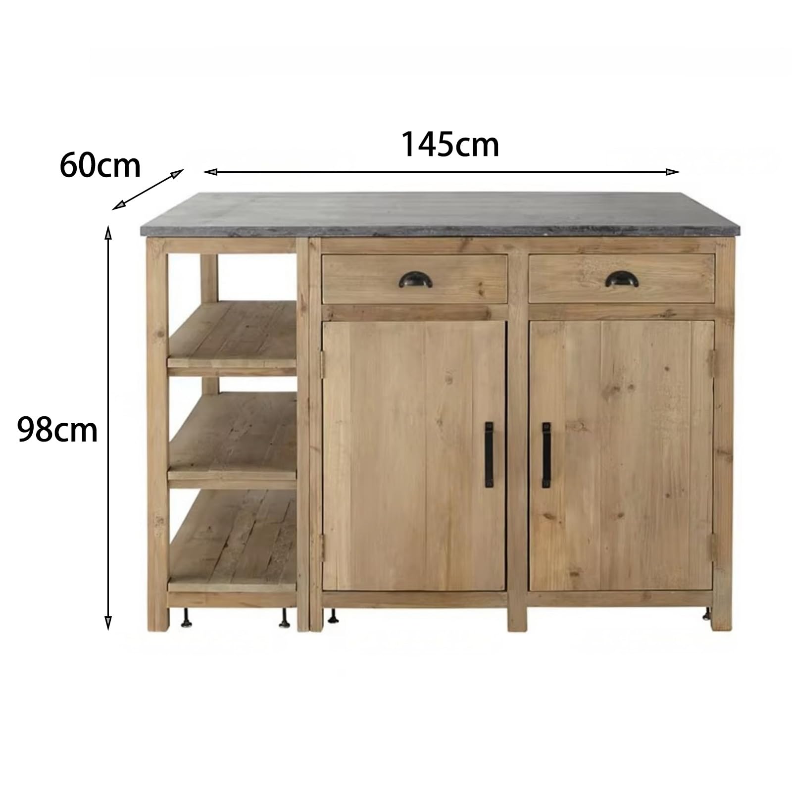 Unité d'îlot de Cuisine Îlot de Cuisine en Bois avec tiroirs Pierre, armoires et étagères Ouvertes, Ferme Rustique