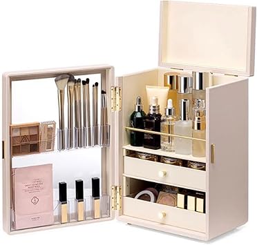 Makeup Storage Box Elegant Dustproof Makeup Storage Organizer Box, Waterproof Large Cosmetics Organizer Storage Cabinet with Door and Drawers, Skincare Cosmetic Display Cases for Countertop Bathroom D
