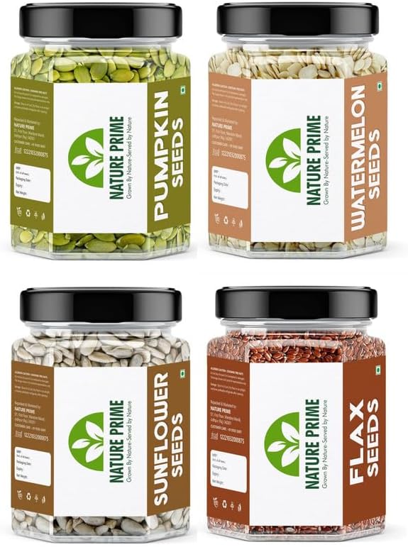 Nature Prime Raw Seeds for Eating Combo Pack - 1kg (Pumpkin Seeds, Flax Seeds, Watermelon Seeds, Sunflower Seeds - 250gm Each, Pack of 4) Jar Pack (250g*4)