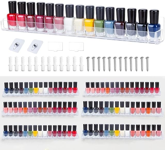 CAEEKER 6 Pack Nail Polish Organiser Wall Mounted Nail Polish Shelves Shelf Clear Acrylic Nail Polish Wall Rack Organizer Nail Polish Display Stand Holder for Nail Varnish Storage to 90 Bottles, 15 in