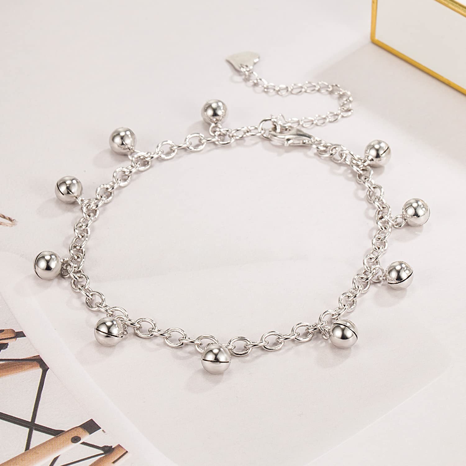 Dankadi Cavigliera in argento 925 con pendenti, catena a maglia campanellino bohemien, classico, 27 20 cm, regolabile, gioielli da spiaggia da polso, magnifica per donna, ragazza, sorella fidanzata