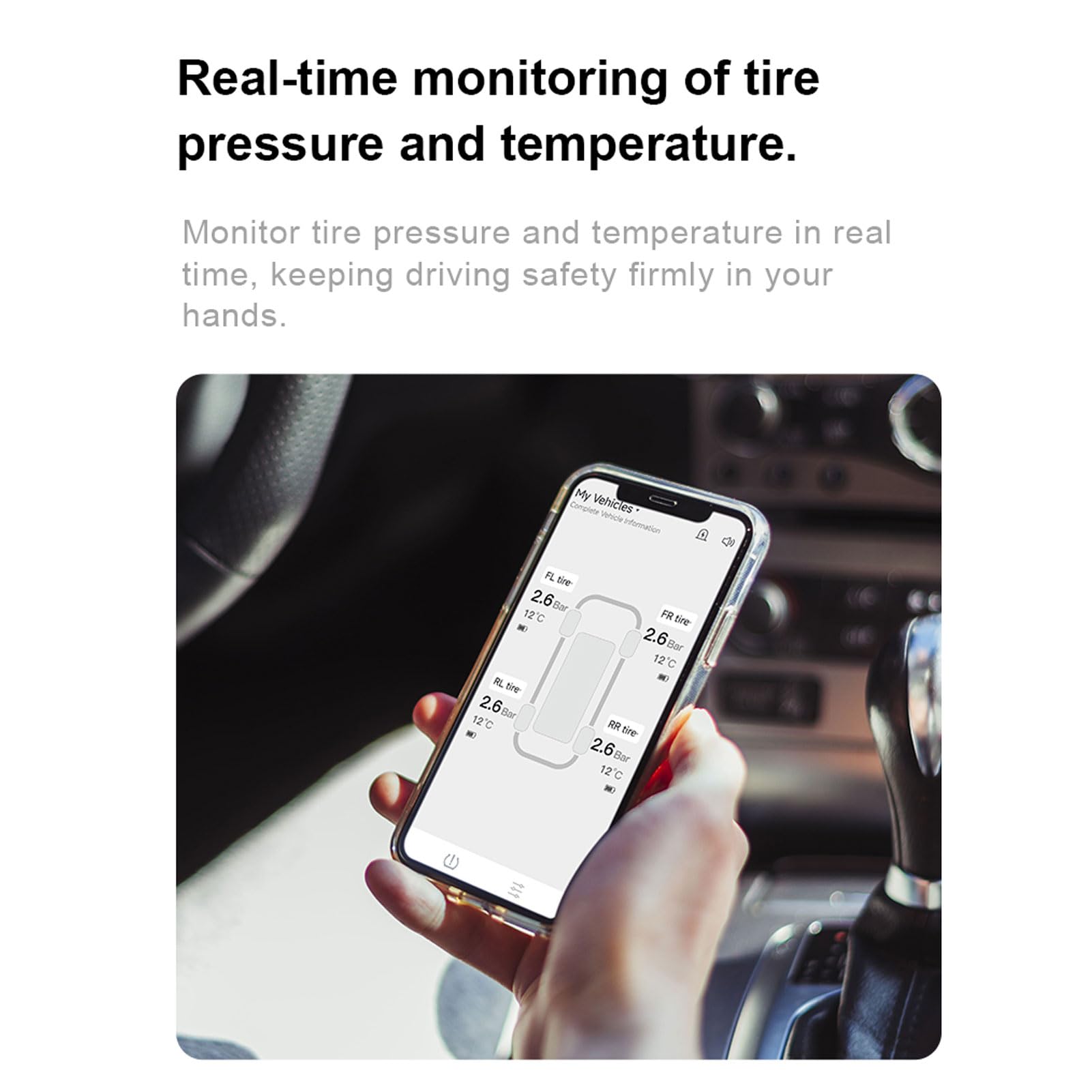 Yosoo Bezprzewodowy System Monitorowania Ciśnienia w Oponach, Alerty w Czasie Rzeczywistym Bluetooth TPMS z aplikacją mobilną do Samochodów, Kamperów, SUV-ów i Ciężarówek (4PCS)
