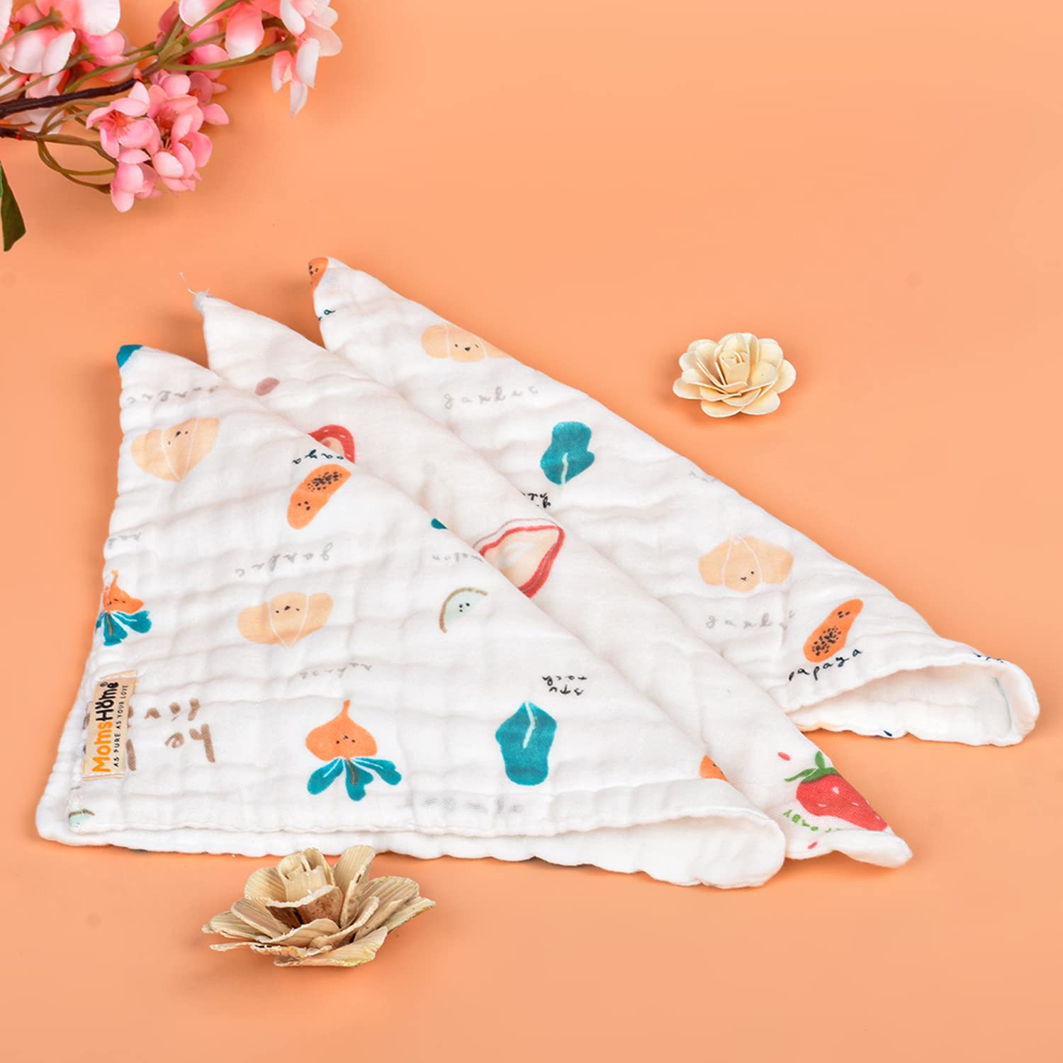 MOM'S HOME Super Soft Organic Cotton Baby Muslin Wash Cloth/Napkin 6 Layer | Hankies for Baby | 25x25 cm | Pack of 3-picture-26
