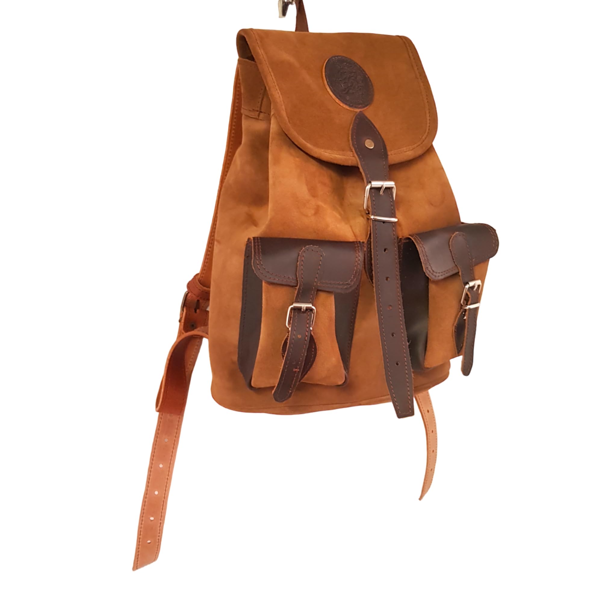 Mochila de caza en serraje y piel, con dos bolsillos frontales