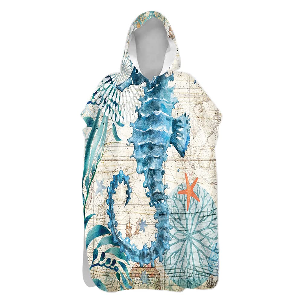 DOTBUY Hooded Poncho Towel for Kids Adults Changing Robe - 3D Dolphin Printed Microfiber Quick Dry Lightweight Men Women Beach Swim Surf Poncho (Retro Seahorse,60x110cm)