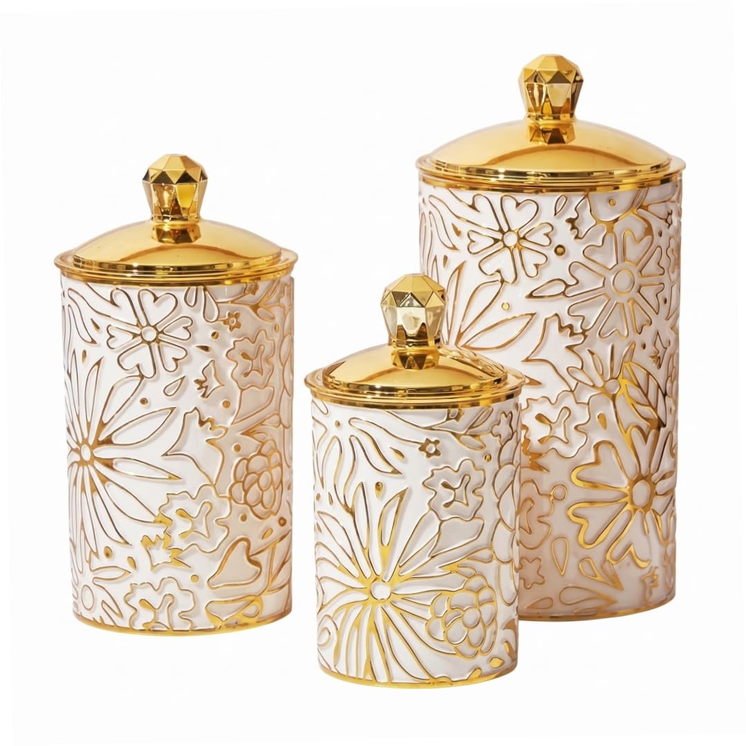 Perodlly Tea Coffee Sugar Canister Set, 3pcs Kitchen Canisters, Nesting Airtight Storage Jars For Tea, Coffee, Sugar & Snacks, Milky White With Gold Flowers..