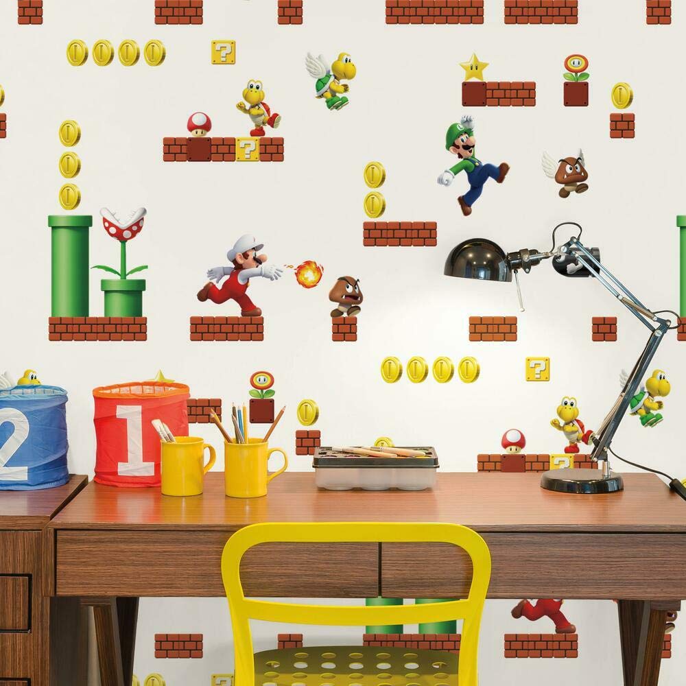 RoomMates RMK11189RL New Super Mario Bros. White Peel and Stick Wallpaper, Red, Blue, green