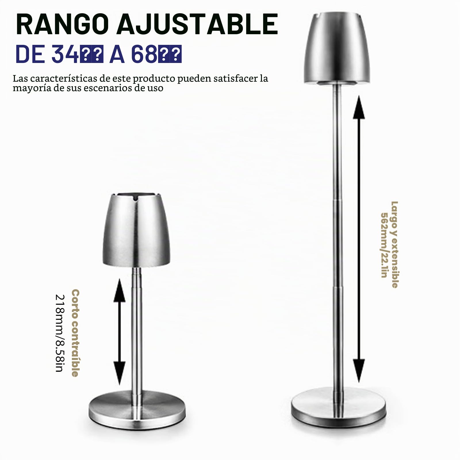 Cendrier de sol ajustable de acero inoxidable: WIYETY Cendrier de sol para exterior, altura extensible de 34 a 68 cm, cenicero de suelo ajustable con tapa y base antideslizante, plateado