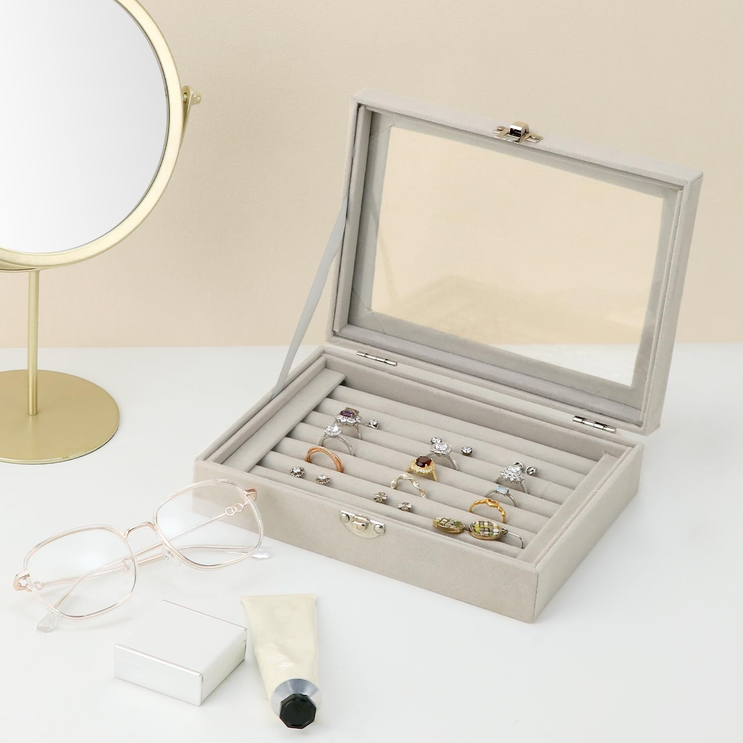 QWORK® Joyero de Terciopelo con Tapa Transparente, Organizador de Anillos 7 Compartimentos