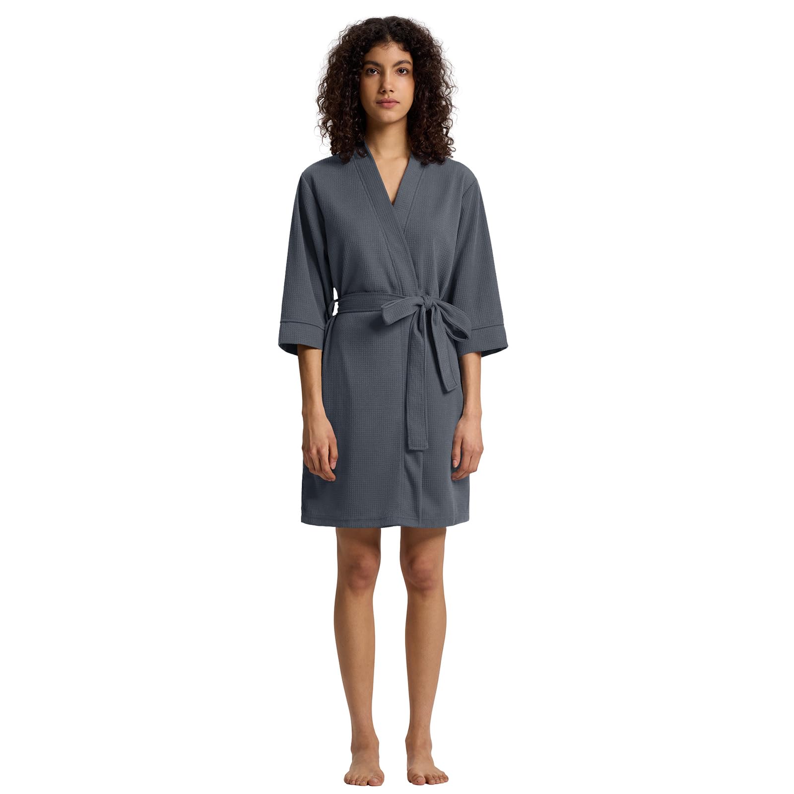 SIORO Women's Waffle Knit Lightweight Robe, Short Kimono Bathrobe with Pockets, Soft 3/4 Sleeve Loungewear for Spa & Summer