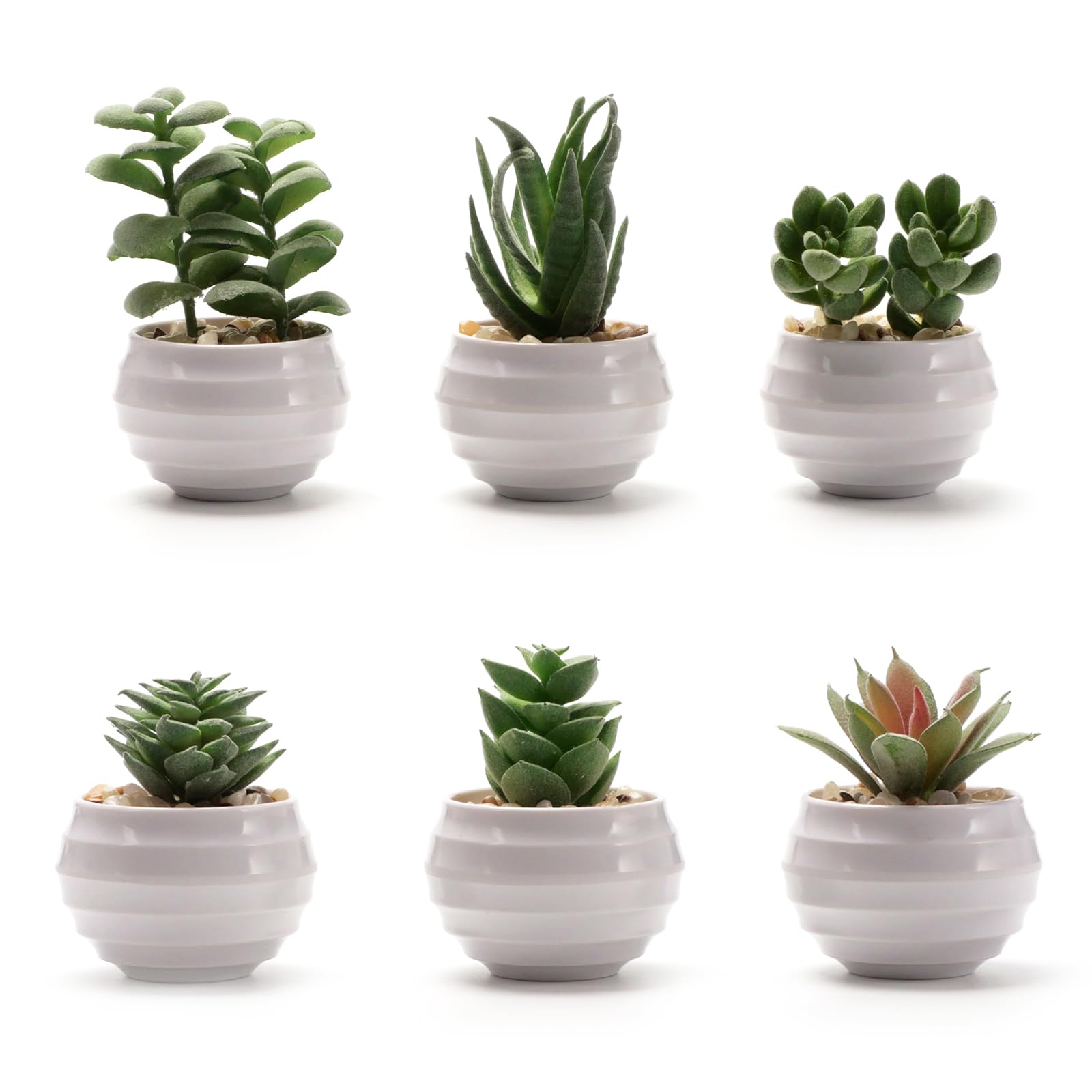 Leuik 6 Packs Succulents Fake Plants,Small Artificial Plants Indoor,Green Bookshelf Décor,Faux Plants for Home Décor,White Potted Fake Plant for Nightstand Decor