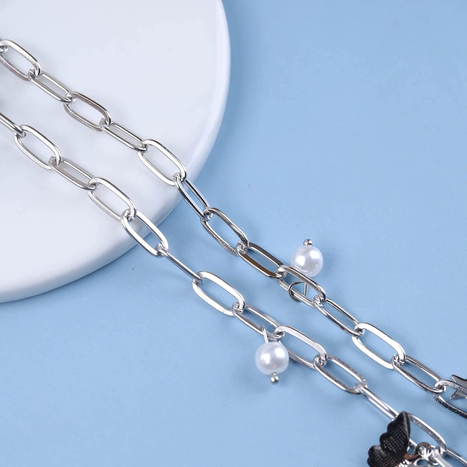 Andelaisi Boho Crystal Butterfly Choker Necklace Vintage Butterfly Star Necklace Silver Pearl Paperclip Necklace Personalized Star Pearl Dangle Necklace Jewelry for Women - Image 5