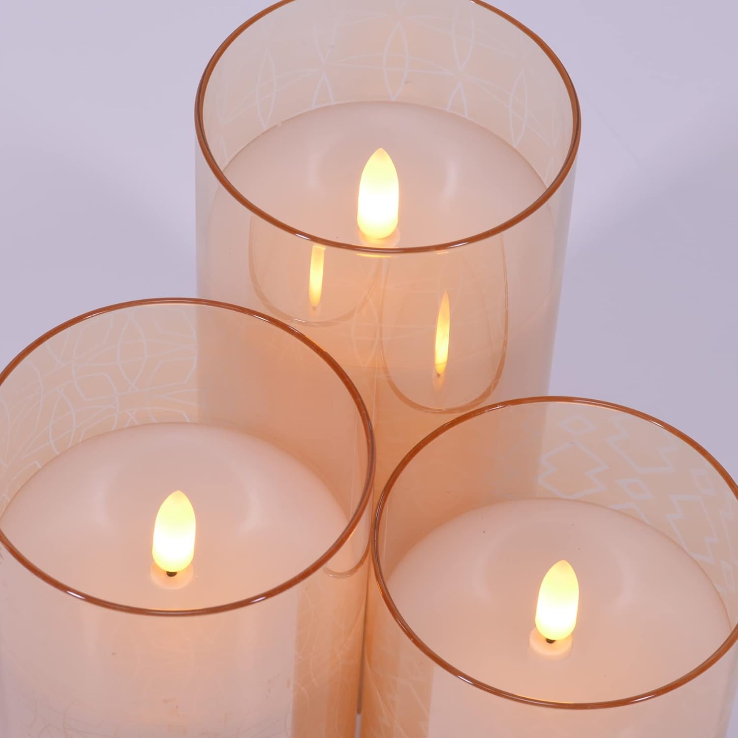 Mid Century Modern Flameless LED Glass Pillar Candles, Set of 3, 6 Inch, Metallic Rose Gold